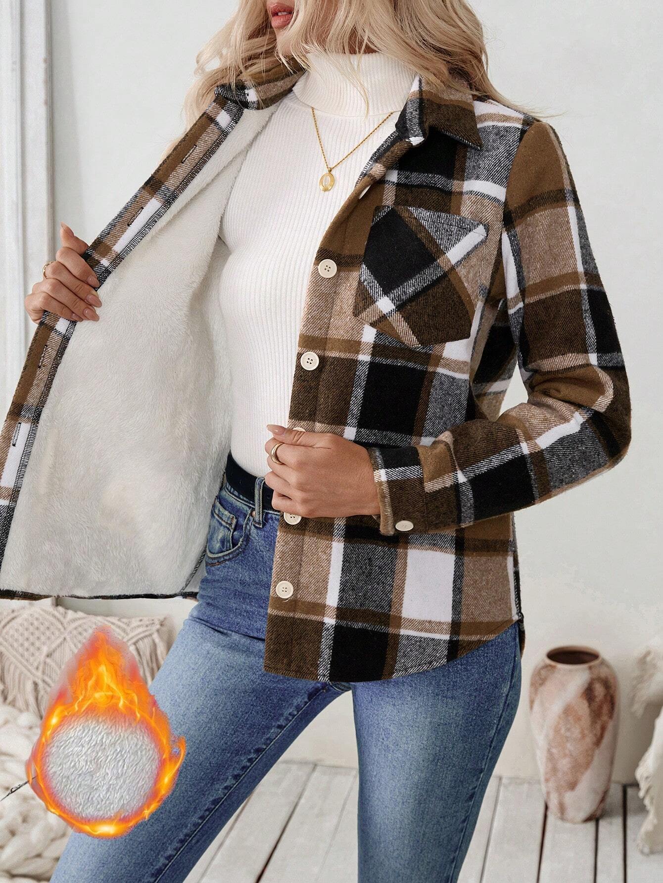 Flannel Shirt Lined - Dames Fleece gevoerde geruite shacket oversized